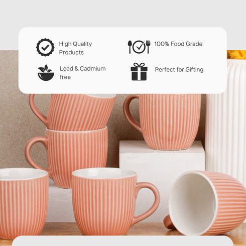 Peach Fringe Ceramic Tea Cup Set of 6, 220 ML Each, Microwave and Dishwasher Safe Coffee Cups